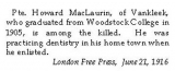 MacLAURIN HOWARD JAMES (London Free press, June 1916)