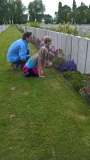 Christian Boulton and his children Alex and Kate at the grave of his great granduncle Granville Furnival